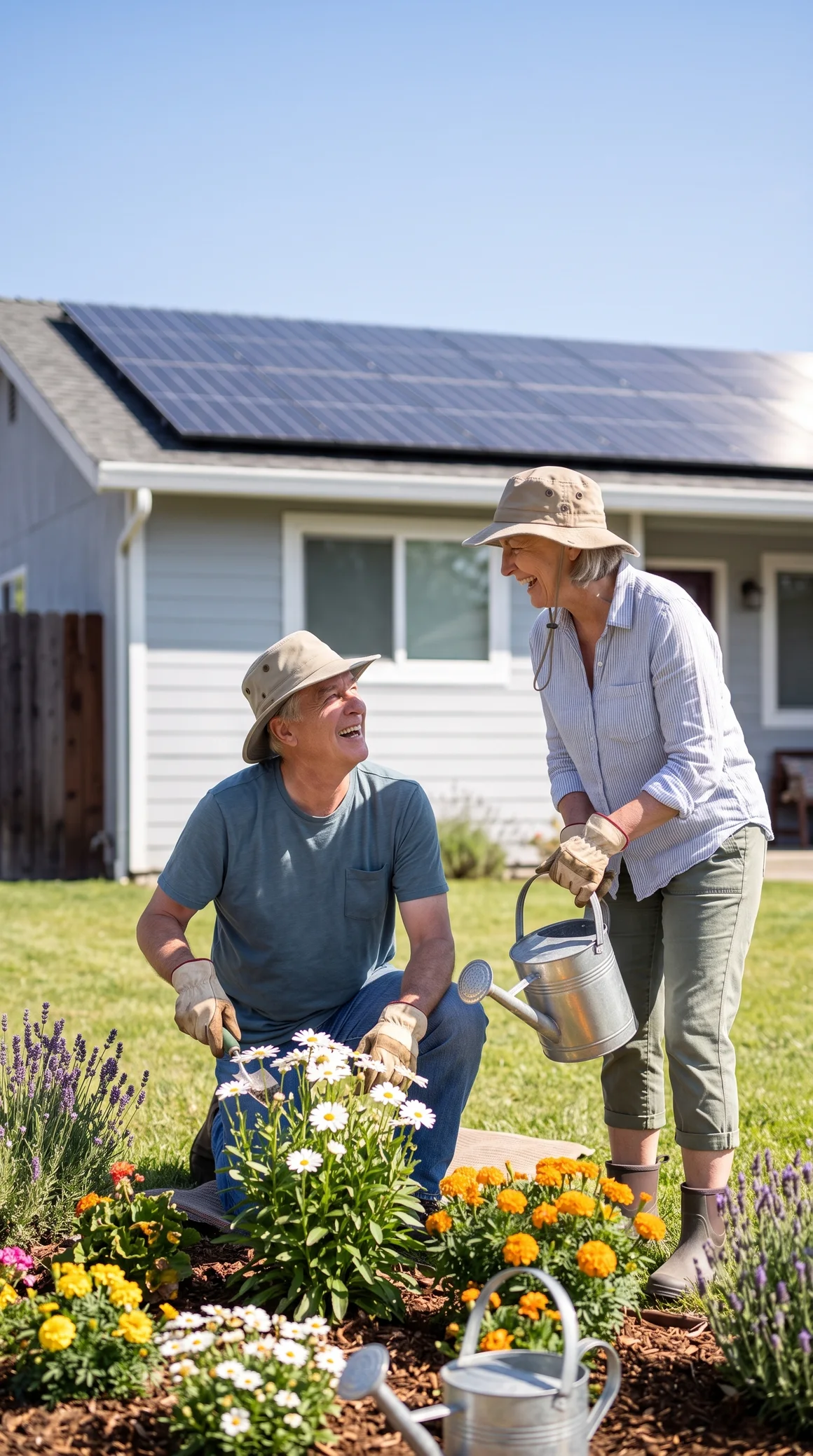 A couple gardening together outside their solar-powered home