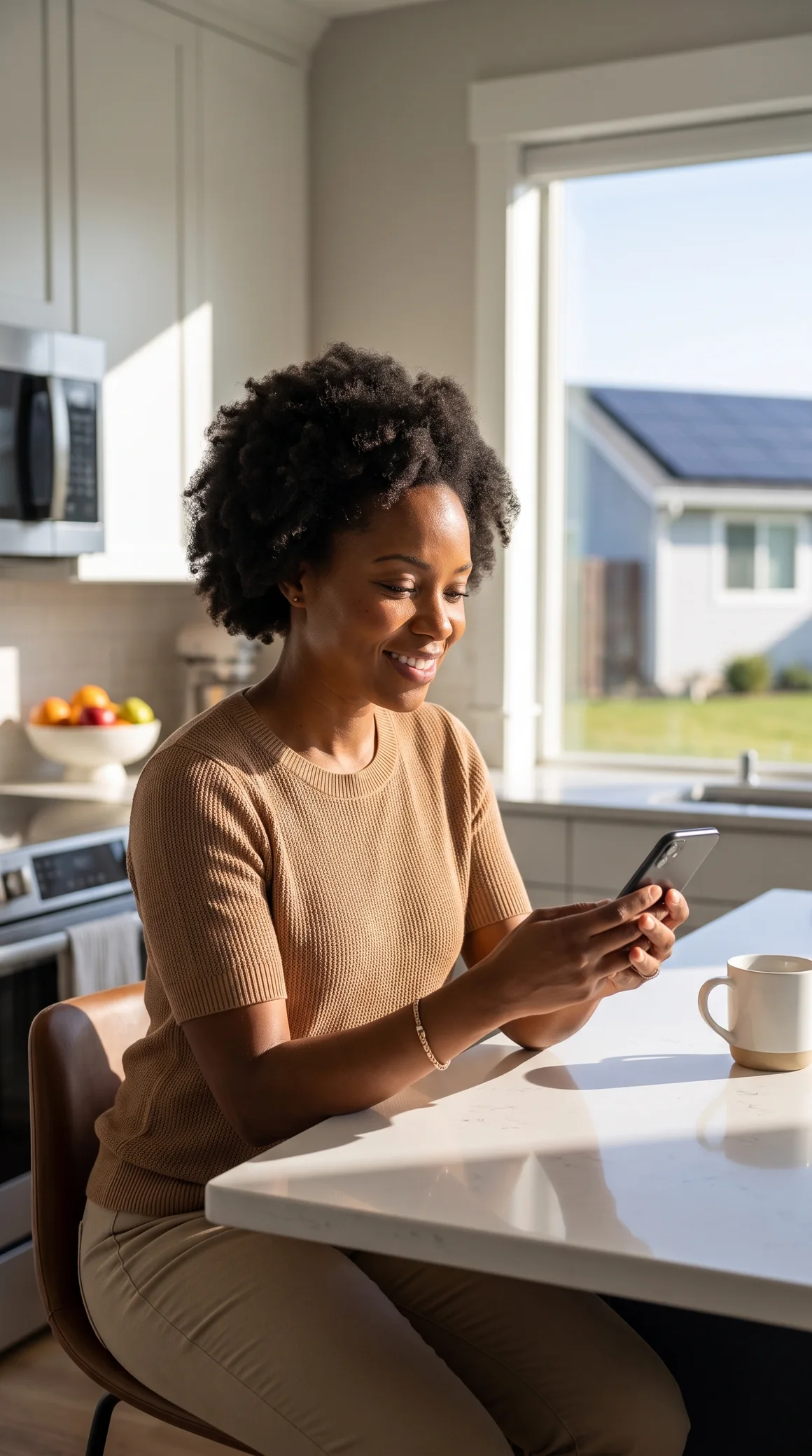 A homeowner using her phone in a sunny kitchen